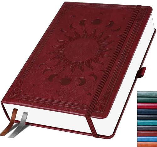 HwxBen Bullet Dotted Journal, Gepunktetes Notizbuch, 256 Seiten, 140 gsm Tintenfestes Papier, PU Hard Cover, Elastisches Band, Innentasche, Für Arbeit, Büro und Schule, 19.6 x 25.4 cm (Weinrot)