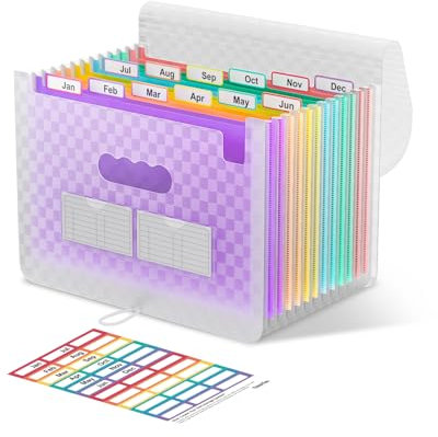 ThinkTex Accordian Aktenordner, 12 Fächer, erweiterbare Aktenordner, tragbarer monatlicher Rechnungsbeleg-Organizer, bunte Registerkarten, A4-Größe – Orange