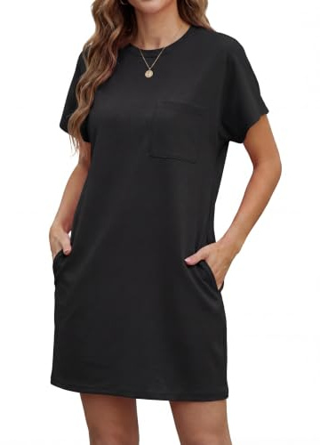 GRECERELLE Women's Summer T-Shirt Mini Wrinkle-Free Dress with Pockets | Short Sleeve Soft Holiday Beach Dresses for Ladies UK with Pocket Sundress everyday styling