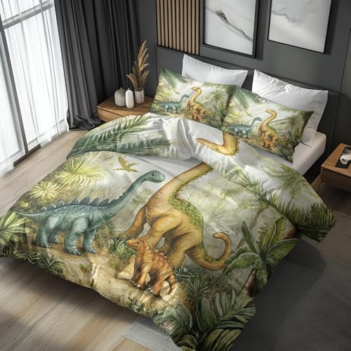 Bettwäsche 140x200 Kinder Dino Motiv - Cartoon Dinosaurier Bettbezug und 1 Kissenbezug 70x90, Sommer Weiche Bügelfreie Mikrofaser Deckenbezug 2er Set mit Reißverschluss, Wendebettwäsche & Deko N&-2650