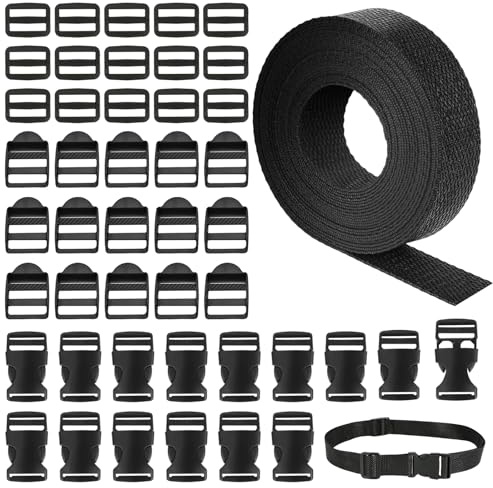 Yicenmy Schnallen Gurtband Set, 5M, 25mm, Schwarz, Polypropylene, für DIY | Nylon Gurtband Set, mit 15 Tri-Glide Slides Clip, 15 Quad-Glide Slides Clip, 15 Flache Seite Release Schnallen, für Gepäck
