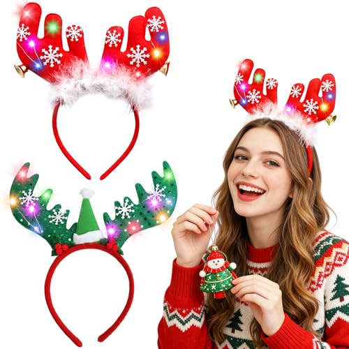 2 Stück Rentier Stirnband mit LED,Weihnachts Haarreif mit LED,Weihnachts Kopfschmuck,Weihnachten Beleuchtete Stirnbänder,Weihnachten Haarband,Weihnachts Haarschmuck für Weihnachten Party Haarschmuck