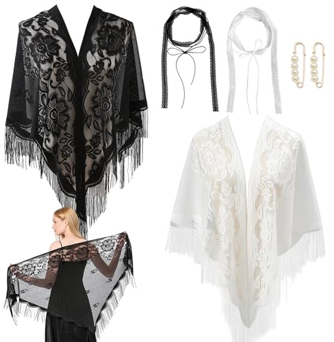 YiiHHooN Dreieck Spitze Stola Damen, 2 Farben Festliche Stola für Abendkleid mit 2 Stück Spitzen Choker und Brosche, Umhang Schal Spitzenschal Chiffon-Schal Für Abendkleid Hochzeit