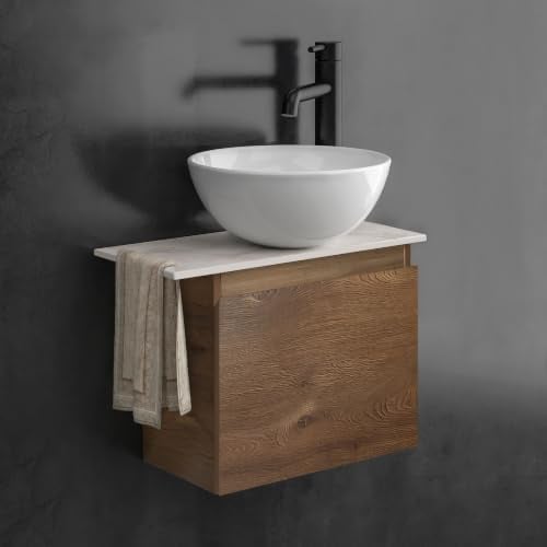 Alpenberger Aufsatzwaschbecken mit Unterschrank für kleines Gäste WC, kleines rundes Waschbecken mit Unterschrank ohne Hahnloch, Badmöbel Set Eiche, Einzelschrank mit Keramik Waschtischplatte