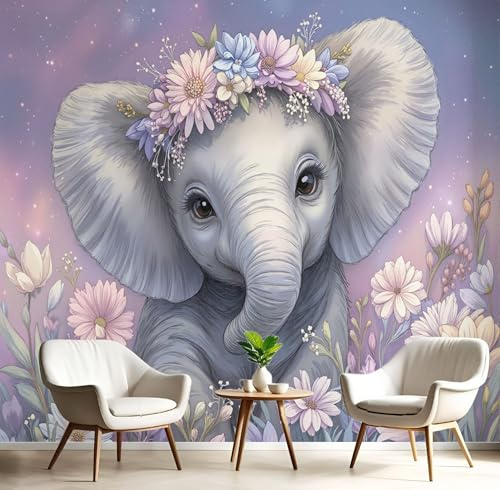 MIATCENRT Papier Peint Panoramique Portrait Dessin Animé, Motif Papier Peint Intissé Motif Portrait Parterre Fleurs, 250x175cm Muraux Wallpaper Pour Salon Chambre Cuisine Deco Murale, Gris-rose