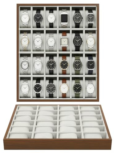 DHQCQL Uhrenbox 24 Uhren, Uhrenkasten mit Abnehmbare Uhrenkissen, Uhrenaufbewahrungsbox Uhrenhalter Uhrenständer, 40×33×4.5cm, Männergeschenk für Ringe,Manschettenknöpfe & Uhren