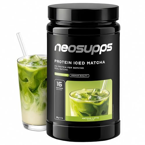 Neosupps Protein Iced Matcha Latte 500g, 21g Protein Drink & echtem Matcha Grünteepulver, Protein Shake mit Koffein, Energie Fokus und Fitness Lifestyle, erfrischender Kaffee Ersatz, Training & Alltag