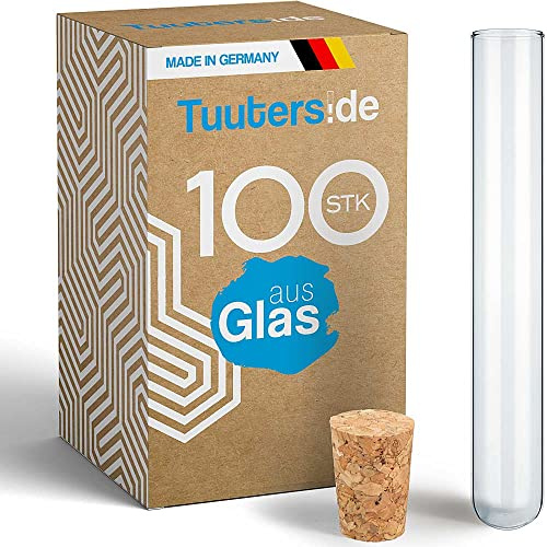 Tuuters 100 Stück Glas Reagenzgläser mit Korken (140 x Ø16mm) Glasröhrchen | 1,6 cm Durchmesser Reagenzglas mit Kork Verschluss, Gläser für Gewürze, Geldgeschenke, DIY, Blumen, Gastgeschenke Hochzeit
