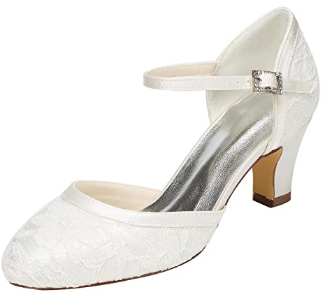 Emily Bridal Brautschuhe Damen Spitze Satin Stiletto Pumps Sandalen, 41 EU, Ivory