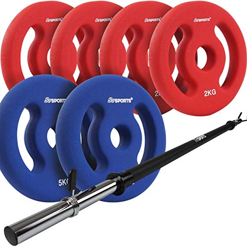 ScSPORTS® Hantelset Neopren - 18/24/28/30 kg, 30mm, Hantelscheiben, Gusseisen, Langhantelstange, Kurzhantelstange, Chrom - Gewichtsset (Langhantel, 18kg (2 x 5 kg + 4 x 2 kg))