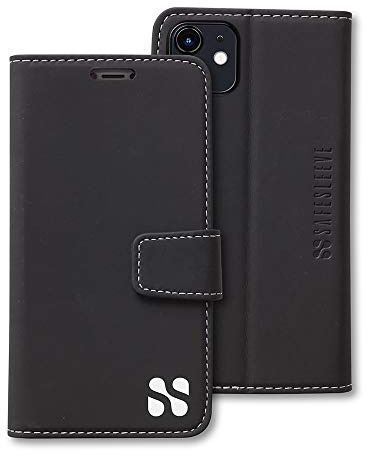 SafeSleeve EMF-Schutz, strahlungsfreie iPhone-Hülle: iPhone 11, RFID-Kartenhalter, blockierende Brieftasche, Handy, Verstellbarer Ständer, veganes Leder für Damen und Herren, Schwarz