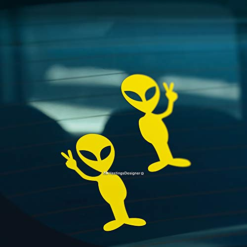HastingsDesigner 2x ALIEN PEACE Funny Car Window Bumper Laptop or ipad Vinyl Decal Stickers (Yellow)