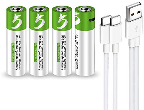 USB AA Lithium ion Rechargeable Battery, High Capacity 1.5V 2600mWh Rechargeable AA Battery, 1.5 H Fast Charge, 1200 Cycle with Type C Port Cable, Constant Output,4-Pack