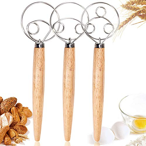 3 pièces Fouet à pâte danois, Kalolary mélange le fouet pour la cuisson dans la cuisine Manche en bois Acier inoxydable Mélange de pâte manuel Fabrication de gâteaux au pain (3 tailles incluses)