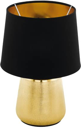 EGLO Tischlampe Manalba 1, Textil Nachttischlampe aus Keramik in gold und einem Lampenschirm aus Stoff in schwarz und gold, Tischleuchte Wohnzimmer, Schlafzimmer Lampe E14
