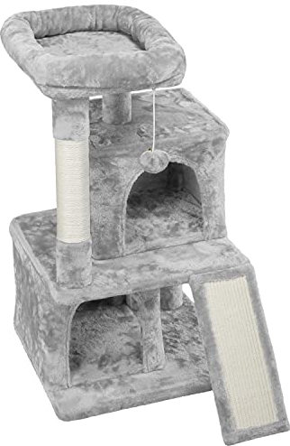costoffs Small Cat Tree with Soft Perch/ 2 Cozy Condos/Scratching Board/Ladder, 91cm Indoor Cat Tower Kitten Playing House for Small/Medium Cats, Light Grey