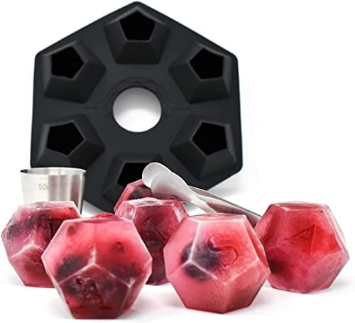 DIAMAS Silicone Ice Cube Tray Gin Gift Set | 6 12 Sided Large Ice Cube Mould Cavities FDA Ice Tray + 1 Stainless Steel Shot Glass | Whiskey, Gin, Tequila & Other Drinks Bar Accessories for Home Pub