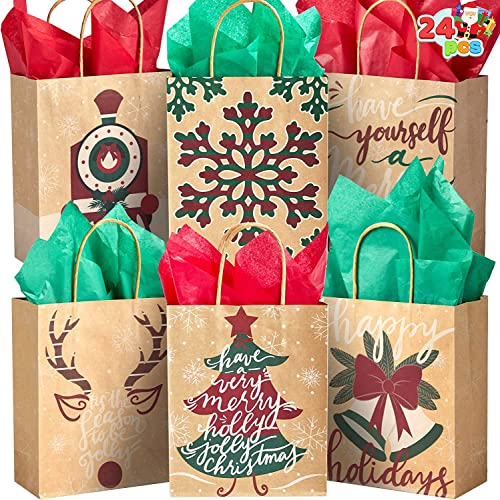 JOYIN 24 Stück Weihnachts Krafttüten Weihnachts Geschenktüten aus Kraftpapier mit Weihnachtsmotiven für Weihnachtspartygeschenke (Seidenpapier nicht im Lieferumfang enthalten)