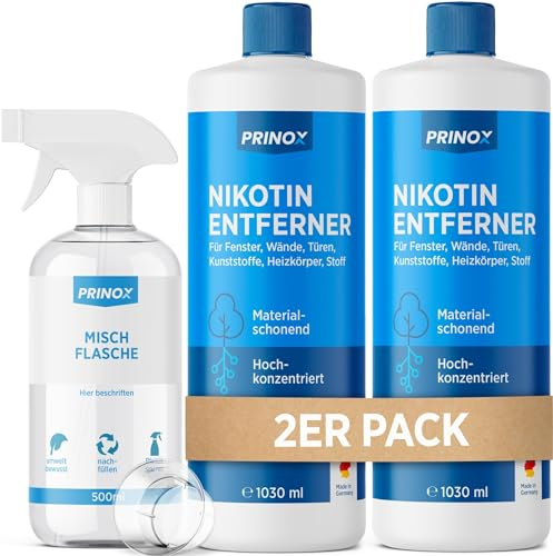 PRINOX® 2x 1030ml Nikotinentferner Konzentrat inkl. Mischflasche | Ruß & Nikotin Reiniger für Fensterrahmen, Wände, Türen, Heizkörper, Kunststoff, Fliesen | Starker Fettlöser für Haushalt und Gastro