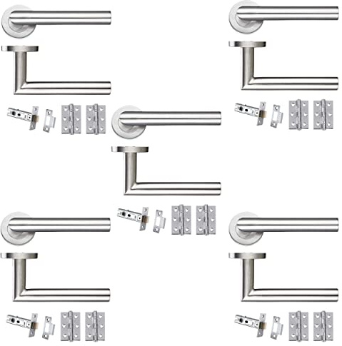 IRONZONE® 5 Sets of Mitred Lever On Rose Latch Door Handle with Hinges and Latches Stainless Steel, for Internal use in Residential and Commercial Buildings,