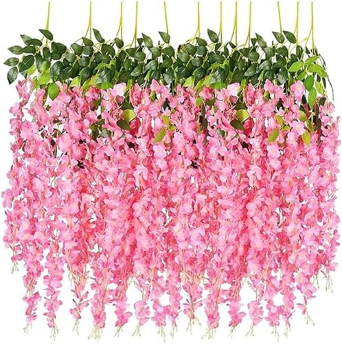 SZJH 12pcs 3.6 Feet/Piece Artificial Fake Wisteria Vine Ratta Hanging Garland Silk Flowers String Home Party Wedding Decor (Pink)