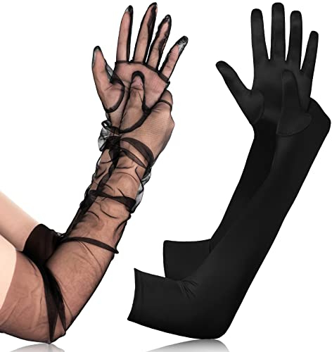 BBTO 2 Paar Lange Handschuhe Set Satin Ellbogen und Tüll Halbtransparente Handschuhe für Damen Abend Oper Braut Hochzeit Frauen Fasching Kostüm Karneval Halloween