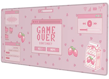 Pink Game Strawberry Milk Gaming Mouse Pad XL, Large Extended Mousepad Desk Pad, Long Nonslip Rubber Mice Mats Stitched Edges Playmat for Office Home Gamer, 31.5x11.8 Inch