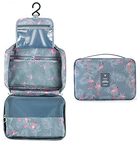 Trousse de Toilette à Suspendre,Trousse de Maquillage Pliable Voyage avec 4 Compartiments, Étanche Sacs à Cosmétiques Portable, Sac de Toilette Grand Capacité pour Femme Homme (Gris-Bleu Flamant)