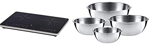 WMF Kult X Doppel- Induktionskochfeld, bis 28 cm & Gourmet Schüsselset 4-teilig, Edelstahl Schüsseln für die Küche 0,75l - 2,75l, Rührschüssel, Salatschüssel, Servierschüssel, Cromargan, stapelbar