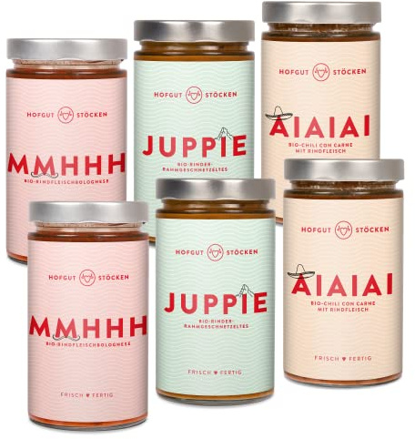 Hofgut Stöcken | Genießerpaket Die leckerste Idee Deutschlands vom Testsieger | 6x 620ml Bio-Fertiggerichte im Glas für Topf & Mikrowelle | Bolognese | Rahmgeschnetzeltes | Chili con Carne