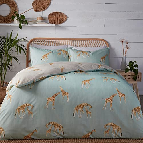 Fusion Duck Egg Blue Giraffe Duvet Cover Set – Double Size (200 x 200cm) – Reversible Zoo Animal Print – 100% Cotton – 2 Pillowcases – Fun Giraffe Bedding for Kids or Adults – Popper Closure