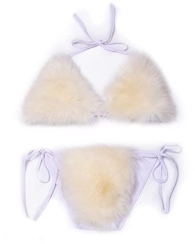 ZOSCGJMY Damen Flauschige Künstliche Fell Pelz Bikini Set Triangel Bikini Zweiteiliger Badeanzug (Beige)
