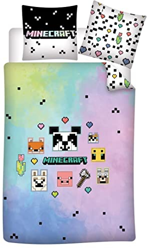 Parure de lit réversible Minecraft - Bleu et Rose - 140 cm x 200 cm