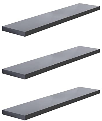 Roseley 3pc High Gloss Floating Shelves 110cm Long Invisible Mounting Decorative Wall Display Shiny Bathroom Living Room Bedroom Fixings Included [Grey]