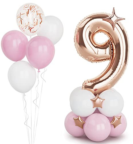 Rose Gold 9 Balloons,40 Inches Number 9 Balloons with Confetti Balloon,Large Helium Foil Mylar Digital Balloons for Girls Women Birthday Party Decorations Wedding Anniversary Engagement Supplies