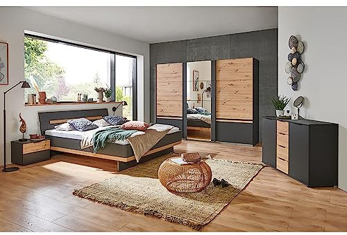 Schlafzimmer Komplett Set mit Bett 180x200, 3-türiger Schwebetürenschrank, 2 Nachttische, Kommode in Graphit mit Artisan Eiche Nb.