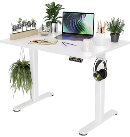 Claiks Electric Standing Desk, Adjustable Height Stand up Desk, 100x60 cm Sit Stand Home Office Desk with Splice Board, White Frame/White Top