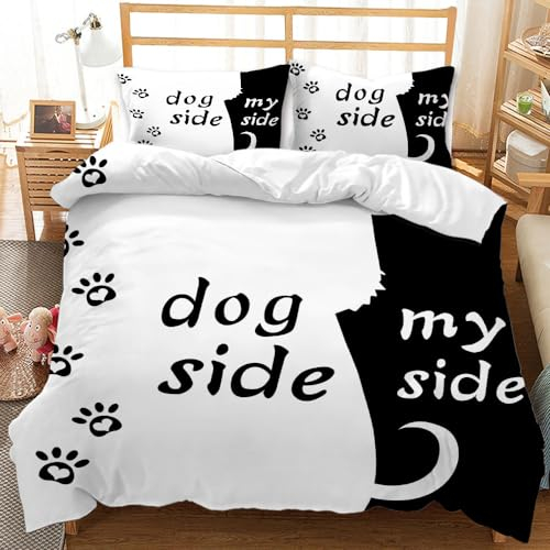 Bedruckter Bettbezug „Hundeseite und Meine Seite“ mit Pärchenmuster schwarz-weißes Hundebettwäsche-Set King-Size-Bett Romantisches Thema Bettbezug für Paare Teenager weicher Mikrofaser-Bettbezu
