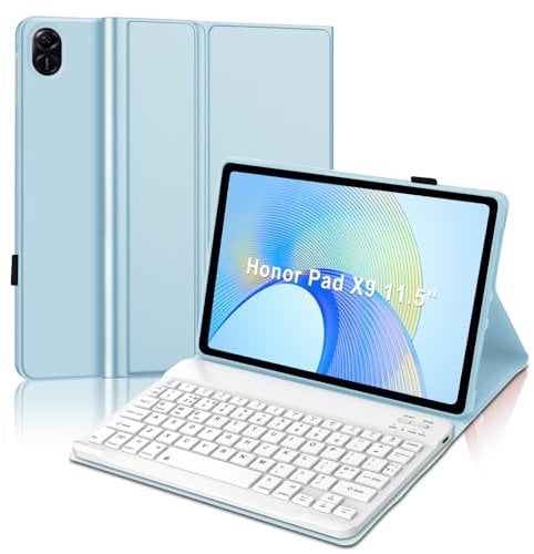 JADEMALL Keyboard Case for Honor Pad X9, Wireless Magnetic Detachable Bluetooth Keyboard(QWERTY Layout), Premium PU Leather Cover with Pencil holder for HONOR Pad X9 11.5-inch Wi-Fi Tablet, Sky Blue