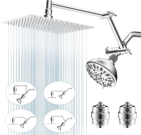 iFealClear Gefilterter Dual-Duschkopf-Kombination, 25,4 cm Hochdruck-Regenduschkopf mit 7 Einstellungen, fester Dusche, 30,5 cm verstellbarer faltbarer Duschverlängerungsarm, 20-stufiger Duschfilter,