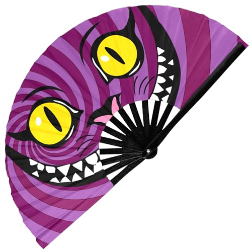 GloFX Large Hand Fan - Alice in Wonderland Cheshire Cat Fan - Bamboo Folding Fans for Rave Accessories and Festival Essentials