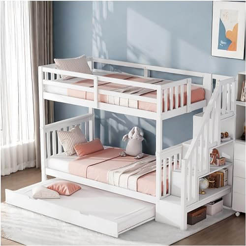 Letto a castello 90 * 200 cm, letto per bambini, letto matrimoniale, con telaio per scale, con letto a castello estraibile, parapetti alti (Bianco, 90 * 200)