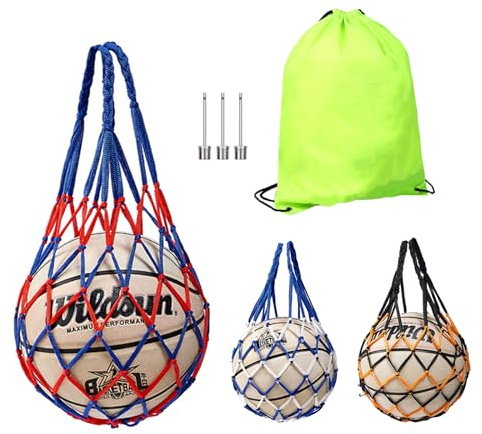 BSITSSS 3pcs Basketball Net Bag Soccer Football Mesh Storage Sports Ball Nylon Carry Bag Durable Single Ball Carrier Portable Gym Hanging Net Bag with Drawstring