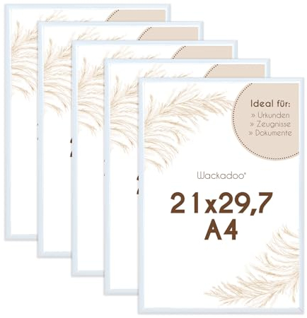 Wackadoo Bilderrahmen A4 21x29,7 (DIN A4) Weiß 5er Set Fotowand Fotorahmen mit Glasscheibe Kunststoff Picture frame