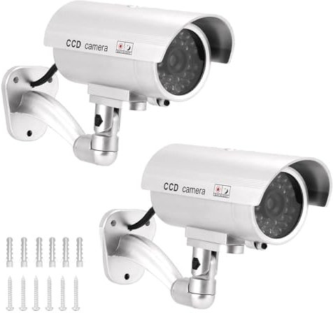 QWORK® 2 Pack Silver Dummy Security Cameras with Red Flashing Light, Waterproof Bullet Shape, Outdoor Indoor Use, Includes CCTV Signs and Screws