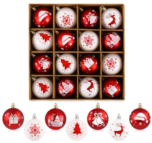 ilauke 6cm Bolas de Navidad Rojas y Blancas,16 Bolas Navidad Pintada,Adornos de Árbol de Navidad Inastillables,7 Estilos Decoraciones de Navidad Colgantes de Plástico para Árbol de Navidad,Boda,Fiesta