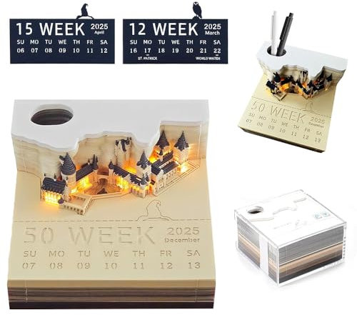 Hojalis 3D Kalender Abreißen 2025, 3D Kalender 2025, 3D Notizblock mit Licht, 2025 Tischkalender-Notizblock, 3D Memo Pad Kalender, 3D Abreißkalender mit Glasklarem Anzeigebox, 3D Diy Desktop-Ornament