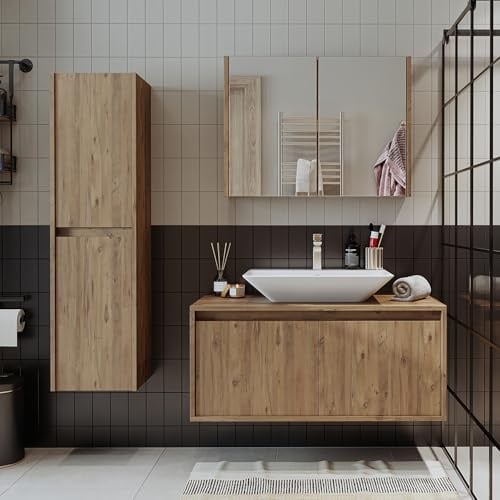 ROOMART • Badezimmermöbel Set • Atlantic • 4 Teilig Badezimmerschrank • 100 cm Unterschrank mit Keramikwaschbecken • Spiegelschrank • Hochscrank (Eiche, Komplett Set)