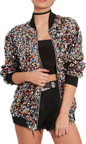 RTY-BY Blouson Aviateur à Paillettes Colorées pour Femme - Blazer à Paillettes Brillantes avec Fermeture Éclair à l'Avant - Manteau Tendance pour Concert, Fête, Noël, Danse, Multicolore, XL