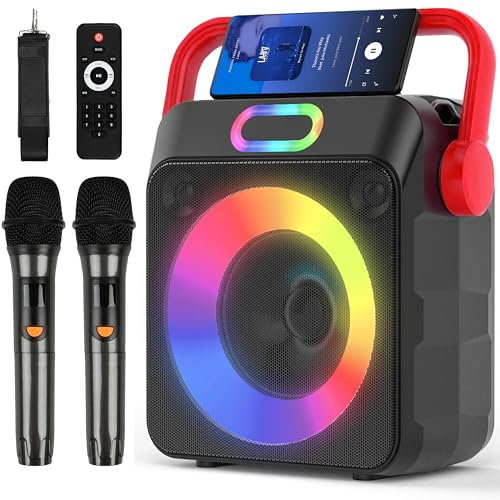Karaoke Machine, Karaoke Machine for Adults & Kids with 2 Wireless Microphones, Portable Bluetooth Karaoke Speaker with Bass/Treble Adjustment, PA System, LED Lights, Supports TWS/USB/TF/REC/FM/AUX